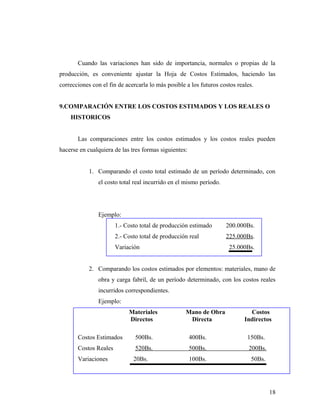 Cuando las variaciones han sido de importancia, normales o propias de la
producción, es conveniente ajustar la Hoja de Costos Estimados, haciendo las
correcciones con el fin de acercarla lo más posible a los futuros costos reales.
9.COMPARACIÓN ENTRE LOS COSTOS ESTIMADOS Y LOS REALES O
HISTORICOS
Las comparaciones entre los costos estimados y los costos reales pueden
hacerse en cualquiera de las tres formas siguientes:
1. Comparando el costo total estimado de un período determinado, con
el costo total real incurrido en el mismo período.
Ejemplo:
1.- Costo total de producción estimado 200.000Bs.
2.- Costo total de producción real 225.000Bs.
Variación 25.000Bs.
2. Comparando los costos estimados por elementos: materiales, mano de
obra y carga fabril, de un período determinado, con los costos reales
incurridos correspondientes.
Ejemplo:
Materiales Mano de Obra Costos
Directos Directa Indirectos
Costos Estimados 500Bs. 400Bs. 150Bs.
Costos Reales 520Bs. 500Bs. 200Bs.
Variaciones 20Bs. 100Bs. 50Bs.
18
 