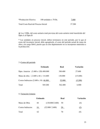 *Producción Efectiva 100 unidades x 70 Bs. 7.000
Total Costo Real del Proceso Inicial 37.200
@ Los 120Bs. del costo unitario total proviene del costo unitario total transferido del
Dpto.A al Dpto.B
* Las unidades en proceso inicial, deben terminarse en este período, por lo que al
costo del inventario inicial, debe agregársele, el costo del período actual de mano de
obra y de carga fabril, puesto que en este departamento no se incorporan materiales a
la producción.
3.-Costos del período
Estimado Real Variación
Dpto. Anterior (3.400 x 120) 408.000 380.400 27.600
Mano de obra ( 2.600 x 44 ) 114.400 130.000 (15.600)
Costos Indirectos (2.600 x 18) 46.800 52.000 (5.200)
Total 569.200 562.400 6.800
4.-Variación Unitaria
Estimado Real Variación
Mano de Obra 44 (130.000/2.600) 50 (6)
Costos Indirectos 18 (52.000/ 2.600) 20 (2)
Total 62 70 (8)
35
 