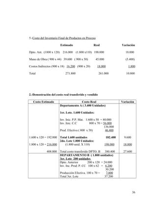 5.-Costo del Inventario Final de Productos en Proceso
Estimado Real Variación
Dpto. Ant. (1800 x 120) 216.000 (1.800 x110) 198.000 18.000
Mano de Obra ( 900 x 44) 39.600 ( 900 x 50) 45.000 (5.400)
Costos Indirectos (900 x 18) 16.200 (900 x 20) 18.000 1.800
Total 271.800 261.000 10.800
2.-Demostración del costo real transferido y vendido
Costo Estimado Costo Real Variación
1.600 x 120 = 192.000
1.800 x 120 = 216.000
408.000
Departamento A ( 3.400 Unidades)
1er. Lote. 1.600 Unidades:
Inv. Inic. P.P. Mat. 1.600 x 50 = 80.000
Inv. Inic. C.C 800 x 70 = 56.000
136.000
Prod. Efectiva ( 800 x 58) 46.400
Total 1.600 unidades 182.400
2do. Lote 1.800 Unidades:
(1.800 unid. X 110) 198.000
Total costo transferido DPTO. B 380.400
9.600
18.000
27.600
DEPARTAMENTO B ( 1.800 unidades)
3er. Lote 200 unidades
Dpto. Anterior 200 x 120 = 24.000
Inv. Inc. Prod. P. CC 100 x 62 = 6.200
30.200
Producción Efectiva. 100 x 70 = 7.000
Total 3er. Lote 37.200
36
 