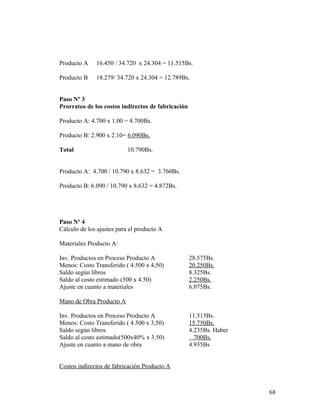 Producto A 16.450 / 34.720 x 24.304 = 11.515Bs.
Producto B 18.279/ 34.720 x 24.304 = 12.789Bs.
Paso Nº 3
Prorrateo de los costos indirectos de fabricación
Producto A: 4.700 x 1.00 = 4.700Bs.
Producto B: 2.900 x 2.10= 6.090Bs.
Total 10.790Bs.
Producto A: 4.700 / 10.790 x 8.632 = 3.760Bs.
Producto B: 6.090 / 10.790 x 8.632 = 4.872Bs.
Paso Nº 4
Cálculo de los ajustes para el producto A
Materiales Producto A:
Inv. Productos en Proceso Producto A 28.575Bs.
Menos: Costo Transferido ( 4.500 x 4,50) 20.250Bs.
Saldo según libros 8.325Bs.
Saldo al costo estimado (500 x 4.50) 2.250Bs.
Ajuste en cuanto a materiales 6.075Bs.
Mano de Obra Producto A
Inv. Productos en Proceso Producto A 11.515Bs.
Menos: Costo Transferido ( 4.500 x 3,50) 15.750Bs.
Saldo según libros 4.235Bs. Haber
Saldo al costo estimado(500x40% x 3.50) 700Bs.
Ajuste en cuanto a mano de obra 4.935Bs
Costos indirectos de fabricación Producto A
68
 