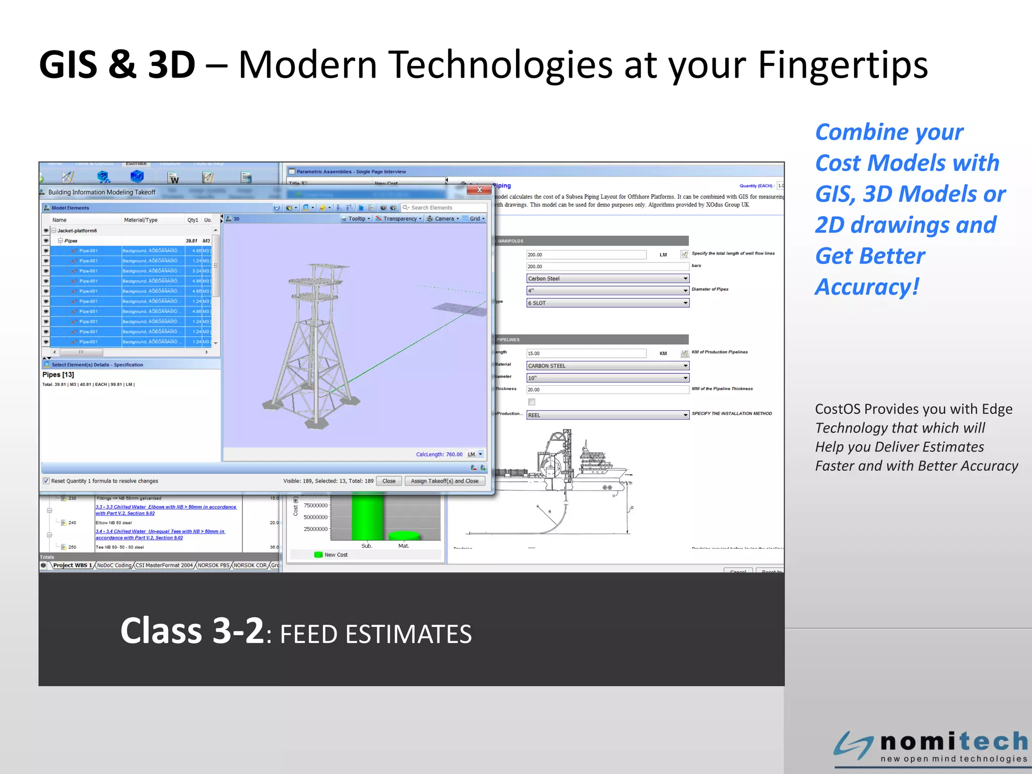 GIS & 3D – Modern Technologies at your Fingertips
Combine your
Cost Models with
GIS, 3D Models or
2D drawings and
Get Better
Accuracy!
CostOS Provides you with Edge
Technology that which will
Help you Deliver Estimates
Faster and with Better Accuracy
Class 3-2: FEED ESTIMATES
 