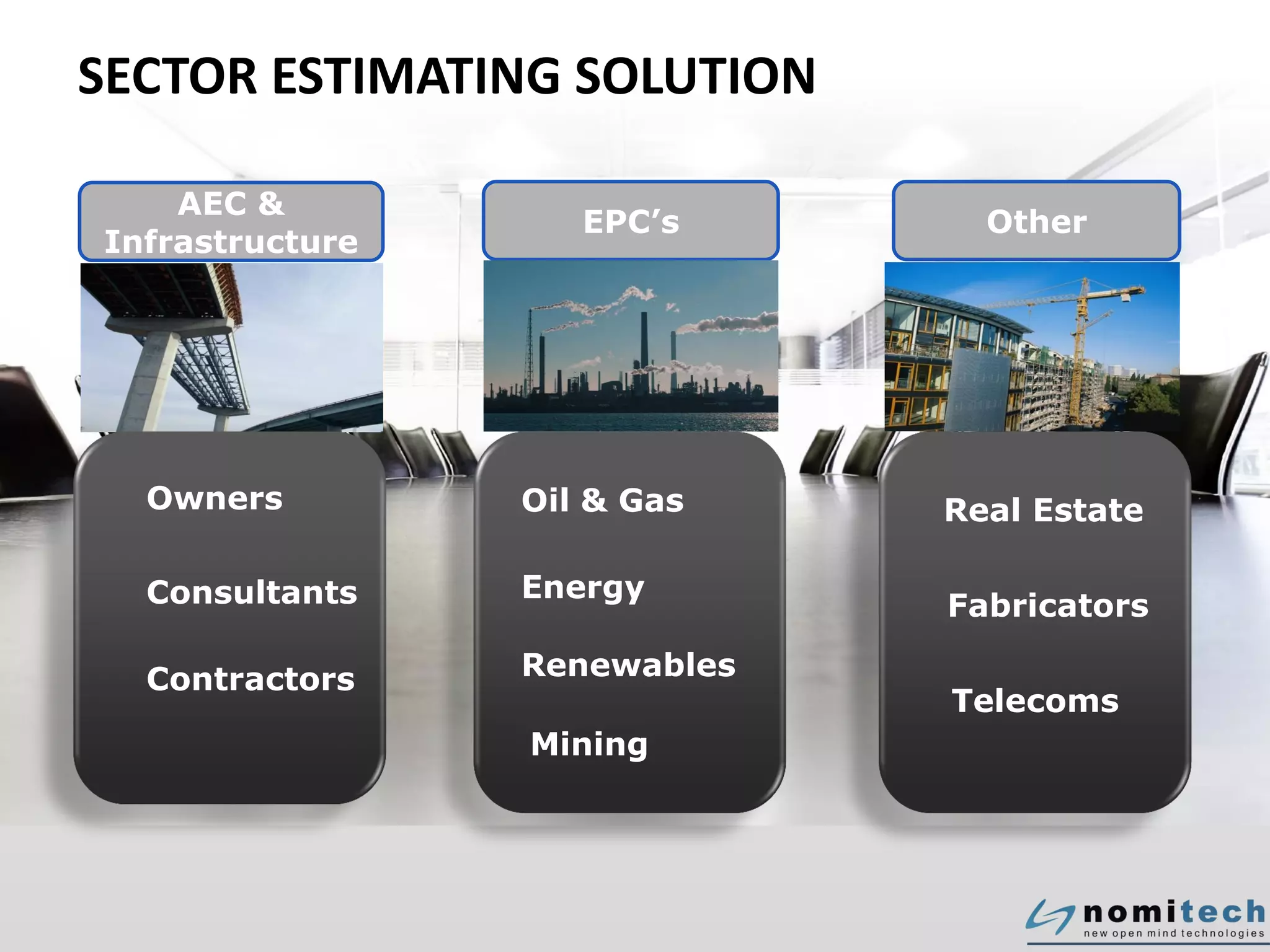 Real Estate
Fabricators
Telecoms
AEC &
Infrastructure
EPC’s Other
Oil & Gas
Energy
Renewables
Mining
Owners
Consultants
Contractors
SECTOR ESTIMATING SOLUTION
 