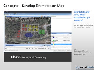 Concepts – Develop Estimates on Map
Real Estate and
Early Phase
Assessments for
Owners!
Get High Level Costs and define
The scope of your Projects
TIP:
Contractors: Define your
construction site estimate the
Mobilization Costs
Class 5 Conceptual Estimating
 