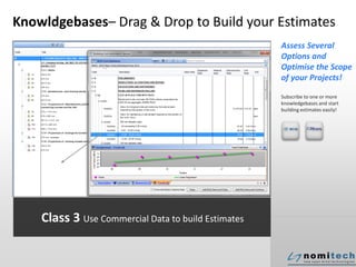 Knowldgebases– Drag & Drop to Build your Estimates
Assess Several
Options and
Optimise the Scope
of your Projects!
Subscribe to one or more
knowledgebases and start
building estimates easily!
Class 3 Use Commercial Data to build Estimates
 
