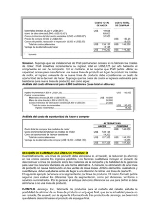 Materiales directos (6,500 x US$6,25*) US$ 40,625
Mano de obra directa (6,500 x US$10,00*) 65,000
Costos indirectos de fabricación variables (6,500 x US$5,00*) 32,500
Precio de compra (6,500 x US$20,50) US$ 133,25
Costos de pedido, recepción e inspección (6,500 x US$2,00) 13,000
Total de costos relevantes US$ 138,125 US$ 146,250
Ventaja de la alternativa de hacer 8,125
US$ 146,250 US$ 146,250
* Supuesto
COSTO TOTAL
DE HACER
COSTO TOTAL
DE COMPRAR
Solución. Suponga que las instalaciones de Pratt permanecen ociosas si no fabrican los moldes
de motor; Pratt Industries incrementaría su ingreso total en US$8,125 por año haciendo el
componente en vez de comprarlo. Por el contrario, si se supone que Pratt podría utilizar su
capacidad ociosa para manufacturar una nueva línea de producto en lugar de producir los moldes
de motor, el ingreso relevante de la nueva línea de producto debe considerarse un costo de
oportunidad de la decisión de hacer. Suponga que los datos de costos e ingresos estimados para
bastidores (una nueva línea de producto) son como sigue:
Análisis del costo diferencial para 4,800 bastidores (base total en dólares)
Ingreso incremental (4,800 x US$31,25)…………………………………………… US$ 150,000
Costos incrementales:
Materiales directos (4,800 x US$10,00)……………………………………… US$ 48,000
Mano de obra directa (4,800 x US$12,25)…………………………………… 58,000
Costos indirectos de fabricación variables (4,800 x US$5,00) 24,000
Total de costos incrementales……………………………………………… US$ 130,800
Ingreso incremental……………………………………………………… 19,200
Análisis del costo de oportunidad de hacer o comprar
Costo total de comprar los modelos de motor US$ 146,250
Costo incremental de fabricar los moldes de motor US$ 138,125
Costo de oportunidad de fabricar bastidores 19,200
Total de costos relevantes US$ 157,325 US$ 146,250
Ventaja de la alternativa de comprar (US$19,200 - US$8,150) 11,075
US$ 157,325 US$ 157,325
HACER COMPRAR
ALTERNATIVAS
DECISIÓN DE ELIMINAR UNA LÍNEA DE PRODUCTO
Cuantitativamente, una línea de producto debe eliminarse si, al hacerlo, la reducción (o ahorros)
en los costos excede los ingresos perdidos, Los factores cualitativos incluyen el impacto de
descontinuar a línea de producto sobre las restantes de la compañía y la habilidad de la gerencia
para usar los recursos liberados de una forma alternativa. A menudo, la eliminación de una línea
de producto no causa disminución en las ventas de otras líneas. Ambos elementos, cualitativos y
cuantitativos, deben estudiarse antes de llegar a una decisión de retirar una línea de producto.
El siguiente ejemplo pertenece a la segmentación por línea de producto. El mismo formato podría
seguirse para evaluar los diferentes tipos de segmentación, como por divisiones, territorios o
servicios suministrados. Por lo general, el enfoque del costo diferencial se usa para definir si debe
eliminarse o no una línea de producto.
EJEMPLO. Jennings, Inc., fabricante de productos para el cuidado del cabello, estudia la
posibilidad de eliminar de su línea de producto un enjuague final, que en la actualidad parece no
ser rentable, De acuerdo con la siguiente información de tres productos de Jennings, se determinó
que debería descontinuarse el producto de enjuague final.
 
