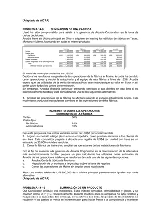 (Adaptado de AICPA)
PROBLEMA 14-9 ELIMINACIÓN DE UNA FÁBRICA
Usted ha sido comprometido para asistir a la gerencia de Arcadia Corporation en la toma de
ciertas decisiones.
Arcadia tiene su oficina principal en Ohio y adquiere en leasing los edificios de fábrica en Texas,
Montana y Mame, fabricando en todas el mismo producto.
Ventas US$ 4,400,000 US$ 2,200,000 US$ 1,400,000 US$ 800
Costos fijos:
De fábrica US$ 1,100,000 US$ 560,000 US$ 280,000 US$ 260,000
Administrativos 350,000 210,000 110,000 30,000
Costos variables 1,450,000 665,000 425,000 360,000
Costos asignados de la oficina principal 500,000 225,000 175,000 100,000
Total US$ 3,400,000 US$ 1,660,000 US$ 990,000 US$ 750,000
Utilidad neta de operaciones US$ 1,000,000 US$ 540,000 US$ 410,000 US$ 50,000
MONTANA MAINE
TOTAL TEXAS
El precio de venta por unidad es de US$25
Debido a los resultados marginales de las operaciones de la fábrica en Maine, Arcadia ha decidido
cesar operaciones y vender la maquinaria y el equipo de esa fábrica a fines de 19X6. Arcadia
espera que las utilidades de la venta de estos activos sean mayores que su valor en libros y así
poder cubrir todos los costos de terminación.
Sin embargo, Arcadia desearía continuar prestando servicios a sus clientes en esa área si es
económicamente factible y está considerando una de las siguientes alternativas:
1. Ampliar las operaciones de la fábrica de Montana usando el espacio actualmente ocioso. Este
movimiento producirá los siguientes cambios en las operaciones de dicha fábrica:
Ventas 50%
Costos fijos:
De fábrica 20%
Administrativos 10%
INCREMENTO SOBRE LAS OPERACIONES
CORRIENTES DE LA FÁBRICA
Bajo esta propuesta, los costos variables serían de UIS$8 por unidad vendida.
2. Lograr un contrato a largo plazo con un competidor, quien prestará servicios a los clientes de
esa área. Este competidor pagaría a Arcadia una regalía de US$4 por unidad con base en un
estimado de 30,000 unidades vendidas.
3. Cerrar la fábrica de Maine y no ampliar las operaciones de las instalaciones de Montana.
Con el fin de asesorar a la gerencia de Arcadia Corporation en la determinación de la alternativa
más económicamente factible, prepare un plan calculando las utilidades netas estimadas de
Arcadia de las operaciones totales que resultarían de cada una de las siguientes opciones:
a. Ampliación de la fábrica de Montana
b. Negociación de un contrato a largo plazo sobre la base de regalías
c. Cerrar las operaciones de Maine sin ampliar otras localidades
Nota: Los costos totales de US$500,000 de la oficina principal permanecerán iguales bajo cada
alternativa.
(Adaptado de AICPA)
PROBLEMA 14-10 ELIMINACIÓN DE UN PRODUCTO
Olat Corporation produce tres medidores. Éstos indican densidad, permeabilidad y grosor, y se
conocen como D, P y C, respectivamente. Durante muchos años la compañía ha sido rentable y
ha operado a la capacidad. Sin embargo, en los últimos dos años, los precios de los medidores se
redujeron y los gastos de venta se incrementaron para hacer frente a la competencia y mantener
 