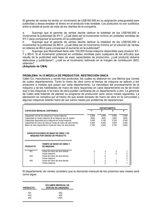 El gerente de ventas ha tenido un incremento de US$160,000 en su asignación presupuestal para
publicidad y desea emplear el dinero en el producto más rentable. Los productos no son sustitutos
entre sí desde el punto de vista de los clientes de la compañía.
a. Suponga que el gerente de ventas decide dedicar la totalidad de los US$160,000 a
incrementar la publicidad de XY-7. ¿Cuál debe ser el incremento mínimo en unidades vendidas de
XY-7 para compensar el aumento en la publicidad?
b. Suponga que el gerente de ventas decide dedicar la totalidad de los US$160,000 a
incrementar la publicidad de BD-4. ¿Cuál debe ser el incremento mínimo en el volumen de ventas
en dólares de BD-4 para compensar el aumento en la publicidad?
c. Suponga que Moorehead tiene sólo 100,000 horas-máquina disponibles para producir XY-
7 y BD-4. Si el incremento potencial en unidades vendidas para cualquiera de los artículos que
resulta de la publicidad está lejos de esas capacidades de producción, ¿cuál producto debería
elaborarse y publicitarse?, ¿cuál es el incremento estimado en el margen de contribución (MC)
obtenido?
(Adaptado de CMA)
PROBLEMA 14-15 MEZCLA DE PRODUCTOS: RESTRICCIÓN ÚNICA
Calen Co. manufactura y vende tres productos, los cuales se elaboran en una fábrica que consta
de cuatro departamentos. Tanto la mano de obra como el tiempo de máquina se aplican a los
productos a medida que pasan por cada departamento. La naturaleza del procesamiento de la
máquina y de las habilidades de mano de obra requeridas en cada departamento es de tal modo
que ni las máquinas ni la mano de obra pueden cambiarse de un departamento a otro. La gerencia
de Calen está tratando de planear su programa de producción para varios meses siguientes, La
planeación se complica por el hecho de que existe escasez de mano de obra en la comunidad y
algunas máquinas estarán fuera de uso varios meses por problemas de reparaciones.
CAPACIDAD MENSUAL DISPONIBLE 1 2 3 4
Capacidad normal de máquina en horas-máquina 3,500 3,500 3,000 3,500
Capacidad en horas-máquina de la máquina que se repara (500) (400) (300) (200)
Capacidad disponible de la máquina en horas-máquina 3,000 3,100 2,700 3,300
Capacidad de mano de obra en horas de mano de obra directa 4,000 4,500 3,500 3,000
Mano de obra disponible en horas de mano de obra directa 3,700 4,500 2,750 2,600
PRODUCTO
401 Horas de mano de obra directa 2 3 3 1
Horas-máquina 1 1 2 2
403 Horas de mano de obra directa 1 2 - 2
Horas-máquina 1 1 - 2
405 Horas de mano de obra directa 2 2 2 1
Horas-máquina 2 2 1 1
DEPARTAMENTO
TIEMPO DE MANO DE OBRA Y
DE MÁQUINA
ESPECIFICACIONES DE MANO DE OBRA Y DE
MÁQUINA POR UNIDAD DE PRODUCTO
El departamento de ventas considera que la demanda mensual de los próximos seis meses será
como sigue:
PRODUCTO
401 500
403 400
405 1,000
VOLUMEN MENSUAL DE
VENTAS EN UNIDADES
 