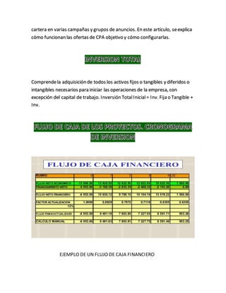 cartera en varias campañas y grupos de anuncios. En este artículo, seexplica
cómo funcionan las ofertas de CPA objetivo y cómo configurarlas.
Comprendela adquisición de todos los activos fijos o tangibles y diferidos o
intangibles necesarios para iniciar las operaciones de la empresa, con
excepción del capital de trabajo. Inversión TotalInicial= Inv. Fija o Tangible +
Inv.
EJEMPLO DE UN FLUJO DE CAJA FINANCIERO
 