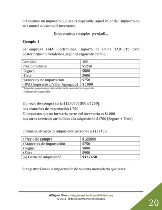 Willigran Charco. http://www.facilcontabilidad.com/
© 2013 -Todos los Derechos Reservados
20
Si tenemos un impuesto que sea recuperable, aquel valor del impuesto no
se asumirá al costo del inventario.
Unos cuantos ejemplos ¡verdad!....
Ejemplo 1
La empresa FMA Electrónicos, importa de China TABLETS para
posteriormente venderlos, según el siguiente detalle.
Cantidad 100
Precio Unitario $1250
*Seguro $800
*Flete $900
*Aranceles de importación $750
**IVA (Impuesto al Valor Agregado) $ 1000
* Importes pagados por la totalidad de la mercadería importada
** Impuesto recuperable
El precio de compra sería $125000 (100 x 1250).
Los aranceles de importación $ 750
El Impuesto que no formaría parte del inventario es $1000
Los otros servicios atribuibles a la adquisición $1700 (Seguro + Flete)
Entonces, el costo de adquisición asciende a $127450.
+Precio de compra $125000
+Aranceles de importación $750
+Seguro $800
+Flete $900
(=) Costo de Adquisición $127450
Si registraríamos la importación de nuestra mercadería quedaría:
 