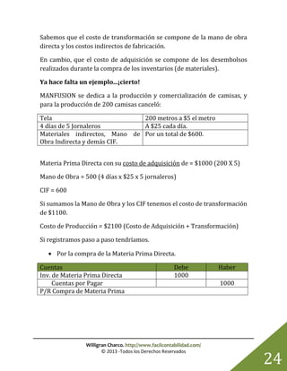 Willigran Charco. http://www.facilcontabilidad.com/
© 2013 -Todos los Derechos Reservados
24
Sabemos que el costo de transformación se compone de la mano de obra
directa y los costos indirectos de fabricación.
En cambio, que el costo de adquisición se compone de los desembolsos
realizados durante la compra de los inventarios (de materiales).
Ya hace falta un ejemplo...¡cierto!
MANFUSION se dedica a la producción y comercialización de camisas, y
para la producción de 200 camisas canceló:
Tela 200 metros a $5 el metro
4 días de 5 Jornaleros A $25 cada día.
Materiales indirectos, Mano de
Obra Indirecta y demás CIF.
Por un total de $600.
Materia Prima Directa con su costo de adquisición de = $1000 (200 X 5)
Mano de Obra = 500 (4 días x $25 x 5 jornaleros)
CIF = 600
Si sumamos la Mano de Obra y los CIF tenemos el costo de transformación
de $1100.
Costo de Producción = $2100 (Costo de Adquisición + Transformación)
Si registramos paso a paso tendríamos.
 Por la compra de la Materia Prima Directa.
Cuentas Debe Haber
Inv. de Materia Prima Directa 1000
Cuentas por Pagar 1000
P/R Compra de Materia Prima
 