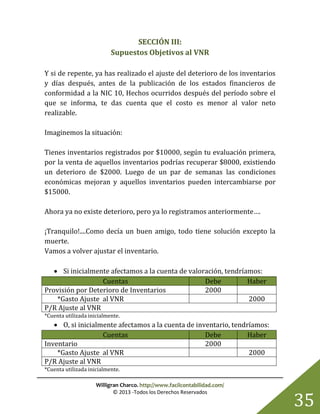 Willigran Charco. http://www.facilcontabilidad.com/
© 2013 -Todos los Derechos Reservados
35
SECCIÓN III:
Supuestos Objetivos al VNR
Y si de repente, ya has realizado el ajuste del deterioro de los inventarios
y días después, antes de la publicación de los estados financieros de
conformidad a la NIC 10, Hechos ocurridos después del período sobre el
que se informa, te das cuenta que el costo es menor al valor neto
realizable.
Imaginemos la situación:
Tienes inventarios registrados por $10000, según tu evaluación primera,
por la venta de aquellos inventarios podrías recuperar $8000, existiendo
un deterioro de $2000. Luego de un par de semanas las condiciones
económicas mejoran y aquellos inventarios pueden intercambiarse por
$15000.
Ahora ya no existe deterioro, pero ya lo registramos anteriormente….
¡Tranquilo!....Como decía un buen amigo, todo tiene solución excepto la
muerte.
Vamos a volver ajustar el inventario.
 Si inicialmente afectamos a la cuenta de valoración, tendríamos:
Cuentas Debe Haber
Provisión por Deterioro de Inventarios 2000
*Gasto Ajuste al VNR 2000
P/R Ajuste al VNR
*Cuenta utilizada inicialmente.
 O, si inicialmente afectamos a la cuenta de inventario, tendríamos:
Cuentas Debe Haber
Inventario 2000
*Gasto Ajuste al VNR 2000
P/R Ajuste al VNR
*Cuenta utilizada inicialmente.
 