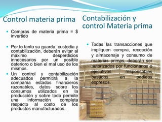 Control materia prima Contabilización y
                      control Materia prima
 Compras de materia prima = $
  invertido
                                         Todas las transacciones que
 Por lo tanto su guarda, custodia y
  contabilización, deberán evitar al      impliquen compra, recepción
  máximo               desperdicios       y almacenaje y consumo de
  innecesarios por un posible             materias primas, deberán ser
  deterioro o bien el mal uso de los      autorizados por funcionarios o
  mismos.
                                          ejecutivos       responsables
 Un control y contabilización
  adecuados      permitirá   a     la     basados       en      pedidos
  compañía estados financieros            expresos.
  razonables, datos sobre los
  consumos utilizados en la
  producción y sobre todo permite
  una      información     completa
  respecto al costo de los
  productos manufacturados.
 