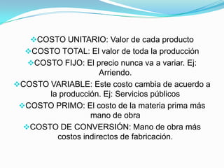 COSTO UNITARIO: Valor de cada producto
  COSTO TOTAL: El valor de toda la producción
   COSTO FIJO: El precio nunca va a variar. Ej:
                     Arriendo.
COSTO VARIABLE: Este costo cambia de acuerdo a
       la producción. Ej: Servicios públicos
 COSTO PRIMO: El costo de la materia prima más
                  mano de obra
  COSTO DE CONVERSIÓN: Mano de obra más
         costos indirectos de fabricación.
 