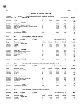 S10 Página : 1
Análisis de precios unitarios
Presupuesto 5017007 REFACCION DEL LOCAL DE LA OFICINA ZONAL DE HUANUCO
Subpresupuesto 001 OBRAS CIVILES Fecha presupuesto 30/09/2008
0147010004 PEON hh 0.3300 0.5280 10.49 5.54
28.69
Materiales
0204000000 ARENA FINA m3 0.0210 32.00 0.67
0221000001 CEMENTO PORTLAND TIPO I (42.5 kg) bls 0.1869 21.35 3.99
0224120020 ENCHAPE CERAMICO DE PARED / PRIMERA CALIDAD m2 1.0500 23.95 25.15
0230000002 PORCELANA kg 0.1950 4.69 0.91
0239050000 AGUA m3 0.0056 5.15 0.03
30.75
Equipos
0337010001 HERRAMIENTAS MANUALES %MO 5.0000 28.69 1.43
1.43
Partida 03.02 CONTRAZOCALO DE PORCELANATO H=0.10M
Rendimiento m/DIA MO. 15.0000 EQ. 15.0000 Costo unitario directo por : m 13.97
Código Descripción Recurso Unidad Cuadrilla Cantidad Precio S/. Parcial S/.
Mano de Obra
0147010001 CAPATAZ hh 0.1000 0.0533 14.34 0.76
0147010002 OPERARIO hh 1.0000 0.5333 13.04 6.95
0147010004 PEON hh 0.3300 0.1760 10.49 1.85
9.56
Materiales
0204000000 ARENA FINA m3 0.0022 32.00 0.07
0221000001 CEMENTO PORTLAND TIPO I (42.5 kg) bls 0.0187 21.35 0.40
0229450025 CERAMICO PORCELANATO m2 0.1050 33.61 3.53
0230000002 PORCELANA kg 0.0200 4.69 0.09
0239050000 AGUA m3 0.0060 5.15 0.03
4.12
Equipos
0337010001 HERRAMIENTAS MANUALES %MO 3.0000 9.56 0.29
0.29
Partida 03.03 CONTRAZOCALO DE PORCELANATO H=0.10M EN ESCALERA PASO Y CONTRAPASO
Rendimiento m/DIA MO. 10.0000 EQ. 10.0000 Costo unitario directo por : m 18.98
Código Descripción Recurso Unidad Cuadrilla Cantidad Precio S/. Parcial S/.
Mano de Obra
0147010001 CAPATAZ hh 0.1000 0.0800 14.34 1.15
0147010002 OPERARIO hh 1.0000 0.8000 13.04 10.43
0147010004 PEON hh 0.3300 0.2640 10.49 2.77
14.35
Materiales
0204000000 ARENA FINA m3 0.0022 32.00 0.07
0221000001 CEMENTO PORTLAND TIPO I (42.5 kg) bls 0.0187 21.35 0.40
0229450025 CERAMICO PORCELANATO m2 0.1050 33.61 3.53
0230000002 PORCELANA kg 0.0360 4.69 0.17
0239050000 AGUA m3 0.0060 5.15 0.03
4.20
Equipos
0337010001 HERRAMIENTAS MANUALES %MO 3.0000 14.35 0.43
0.43
Partida 03.04 CONTRAZOCALO DE MADERA 3/4" H=4" INCLUIDO PINTADO
Rendimiento m/DIA MO. 55.0000 EQ. 55.0000 Costo unitario directo por : m 14.83
Código Descripción Recurso Unidad Cuadrilla Cantidad Precio S/. Parcial S/.
Mano de Obra
0147010001 CAPATAZ hh 0.1000 0.0145 14.34 0.21
0147010002 OPERARIO hh 1.0000 0.1455 13.04 1.90
 