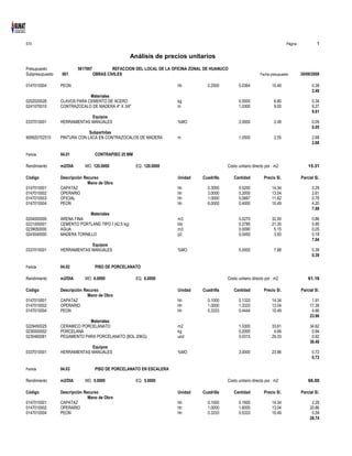 S10 Página : 1
Análisis de precios unitarios
Presupuesto 5017007 REFACCION DEL LOCAL DE LA OFICINA ZONAL DE HUANUCO
Subpresupuesto 001 OBRAS CIVILES Fecha presupuesto 30/09/2008
0147010004 PEON hh 0.2500 0.0364 10.49 0.38
2.49
Materiales
0202020026 CLAVOS PARA CEMENTO DE ACERO kg 0.0500 6.80 0.34
0241070010 CONTRAZOCALO DE MADERA 4" X 3/4" m 1.0300 9.00 9.27
9.61
Equipos
0337010001 HERRAMIENTAS MANUALES %MO 2.0000 2.49 0.05
0.05
Subpartidas
909920702510 PINTURA CON LACA EN CONTRAZOCALOS DE MADERA m 1.0500 2.55 2.68
2.68
Partida 04.01 CONTRAPISO 25 MM
Rendimiento m2/DIA MO. 120.0000 EQ. 120.0000 Costo unitario directo por : m2 15.31
Código Descripción Recurso Unidad Cuadrilla Cantidad Precio S/. Parcial S/.
Mano de Obra
0147010001 CAPATAZ hh 0.3000 0.0200 14.34 0.29
0147010002 OPERARIO hh 3.0000 0.2000 13.04 2.61
0147010003 OFICIAL hh 1.0000 0.0667 11.62 0.78
0147010004 PEON hh 6.0000 0.4000 10.49 4.20
7.88
Materiales
0204000000 ARENA FINA m3 0.0270 32.00 0.86
0221000001 CEMENTO PORTLAND TIPO I (42.5 kg) bls 0.2785 21.35 5.95
0239050000 AGUA m3 0.0090 5.15 0.05
0243040000 MADERA TORNILLO p2 0.0450 3.93 0.18
7.04
Equipos
0337010001 HERRAMIENTAS MANUALES %MO 5.0000 7.88 0.39
0.39
Partida 04.02 PISO DE PORCELANATO
Rendimiento m2/DIA MO. 6.0000 EQ. 6.0000 Costo unitario directo por : m2 61.16
Código Descripción Recurso Unidad Cuadrilla Cantidad Precio S/. Parcial S/.
Mano de Obra
0147010001 CAPATAZ hh 0.1000 0.1333 14.34 1.91
0147010002 OPERARIO hh 1.0000 1.3333 13.04 17.39
0147010004 PEON hh 0.3333 0.4444 10.49 4.66
23.96
Materiales
0229450025 CERAMICO PORCELANATO m2 1.0300 33.61 34.62
0230000002 PORCELANA kg 0.2000 4.69 0.94
0230460061 PEGAMENTO PARA PORCELANATO (BOL 20KG) und 0.0315 29.33 0.92
36.48
Equipos
0337010001 HERRAMIENTAS MANUALES %MO 3.0000 23.96 0.72
0.72
Partida 04.03 PISO DE PORCELANATO EN ESCALERA
Rendimiento m2/DIA MO. 5.0000 EQ. 5.0000 Costo unitario directo por : m2 66.00
Código Descripción Recurso Unidad Cuadrilla Cantidad Precio S/. Parcial S/.
Mano de Obra
0147010001 CAPATAZ hh 0.1000 0.1600 14.34 2.29
0147010002 OPERARIO hh 1.0000 1.6000 13.04 20.86
0147010004 PEON hh 0.3333 0.5333 10.49 5.59
28.74
 