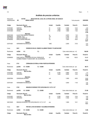 S10 Página : 1
Análisis de precios unitarios
Presupuesto 5017007 REFACCION DEL LOCAL DE LA OFICINA ZONAL DE HUANUCO
Subpresupuesto 001 OBRAS CIVILES Fecha presupuesto 30/09/2008
Código Descripción Recurso Unidad Cuadrilla Cantidad Precio S/. Parcial S/.
Mano de Obra
0147010001 CAPATAZ hh 0.1000 0.1600 14.34 2.29
0147010002 OPERARIO hh 1.0000 1.6000 13.04 20.86
0147010003 OFICIAL hh 0.7500 1.2000 11.62 13.94
37.09
Materiales
0202010035 CLAVO PARA MADERA PROMEDIO kg 0.0070 7.22 0.05
0230460033 TEROKAL 1/8 gl und 0.1500 9.83 1.47
0243140000 MADERA CAOBA (p2) p2 0.4100 9.15 3.75
0279500092 ESPEJO BORDE BISELADO m2 1.0500 35.85 37.64
42.91
Equipos
0337010001 HERRAMIENTAS MANUALES %MO 2.0000 37.09 0.74
0.74
Partida 06.01 DIVISION EN SS.HH. C/MARCO ALUMINIO PESADO Y PLANCHAS MDF
Rendimiento m2/DIA MO. EQ. Costo unitario directo por : m2 164.80
Código Descripción Recurso Unidad Cuadrilla Cantidad Precio S/. Parcial S/.
Materiales
0230690093 SUM E INSTALC. DIVISIONES DE SS.HH. PERFILES DE m2 1.0300 160.00 164.80
ALUMINIO PESADO Y PLANCHA MDF, INC ACCESORIOS
164.80
Partida 07.01 CERRADURA DE PERILLA PARA PUERTAS INTERIORES
Rendimiento pza/DIA MO. 10.0000 EQ. 10.0000 Costo unitario directo por : pza 56.73
Código Descripción Recurso Unidad Cuadrilla Cantidad Precio S/. Parcial S/.
Mano de Obra
0147010001 CAPATAZ hh 0.1000 0.0800 14.34 1.15
0147010002 OPERARIO hh 1.0000 0.8000 13.04 10.43
11.58
Materiales
0226070054 CERRADURA INTERIOR und 1.0000 44.80 44.80
44.80
Equipos
0337010001 HERRAMIENTAS MANUALES %MO 3.0000 11.58 0.35
0.35
Partida 07.02 BISAGRA DE BRONCE TIPO CAPUCHINA DE 3 1/2"X 3 1/2"
Rendimiento pza/DIA MO. 25.0000 EQ. 25.0000 Costo unitario directo por : pza 21.86
Código Descripción Recurso Unidad Cuadrilla Cantidad Precio S/. Parcial S/.
Mano de Obra
0147010001 CAPATAZ hh 0.1000 0.0320 14.34 0.46
0147010002 OPERARIO hh 0.5000 0.1600 13.04 2.09
2.55
Materiales
0226130020 BISAGRA DE BRONCE TIPO CAPUCHINA DE 3 1/2" X 3 1/2" pza 1.0000 19.31 19.31
19.31
Partida 08.01 PINTURA LATEX EN MUROS Y COLUMNAS INTERIORES
Rendimiento m2/DIA MO. 35.0000 EQ. 35.0000 Costo unitario directo por : m2 6.56
Código Descripción Recurso Unidad Cuadrilla Cantidad Precio S/. Parcial S/.
Mano de Obra
 