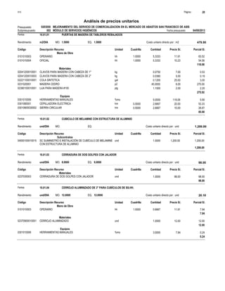 Página :
S10 20
0203050
Presupuesto MEJORAMIENTO DEL SERVICIO DE COMERCIALIZACION EN EL MERCADO DE ABASTOS SAN FRANCISCO DE ASIS
Análisis de precios unitarios
Fecha presupuesto 04/09/2013
002
Subpresupuesto MÓDULO DE SERVICIOS HIGIÉNICOS
Partida 10.01.01 PUERTAS DE MADERA DE TABLEROS REBAJADOS
m2/DIA 1.5000
Rendimiento Costo unitario directo por : m2 479.90
1.5000
EQ.
MO.
Unidad Cuadrilla Cantidad Precio S/.
Código Descripción Recurso Parcial S/.
Mano de Obra
hh
0101010003 1.0000 5.3333 63.52
11.91
OPERARIO
hh
0101010004 1.0000 5.3333 54.56
10.23
OFICIAL
118.08
Materiales
kg
02041200010001 0.0750 0.53
7.00
CLAVOS PARA MADERA CON CABEZA DE 1"
kg
02041200010003 0.0380 0.19
5.00
CLAVOS PARA MADERA CON CABEZA DE 2"
gal
02221100010001 0.1200 3.00
25.00
COLA SINTETICA
p2
0231020001 45.0000 270.00
6.00
MADERA CEDRO
plg
02380100010001 1.1000 2.20
2.00
LIJA PARA MADERA #100
275.92
Equipos
%mo
0301010006 5.0000 5.90
118.08
HERRAMIENTAS MANUALES
hm
0301080001 0.5000 2.6667 53.33
20.00
CEPILLADORA ELECTRICA
hm
03010800030002 0.5000 2.6667 26.67
10.00
SIERRA CIRCULAR
85.90
Partida 10.01.02 CUBICULO DE MELAMINE CON ESTRUCTURA DE ALUMINIO
und/DIA
Rendimiento Costo unitario directo por : und 1,200.00
EQ.
MO.
Unidad Cuadrilla Cantidad Precio S/.
Código Descripción Recurso Parcial S/.
Subcontratos
und
04000100010015 1.0000 1,200.00
1,200.00
SC SUMINISTRO E INSTALACIÓN DE CUBÍCULO DE MELAMINE
CON ESTRUCTURA DE ALUMINIO
1,200.00
Partida 10.01.03 CERRADURA DE DOS GOLPES CON JALADOR
und/DIA 8.0000
Rendimiento Costo unitario directo por : und 98.00
8.0000
EQ.
MO.
Unidad Cuadrilla Cantidad Precio S/.
Código Descripción Recurso Parcial S/.
Materiales
und
0237030003 1.0000 98.00
98.00
CERRADURA DE DOS GOLPES CON JALADOR
98.00
Partida 10.01.04 CERROJO ALUMINIZADO DE 3" PARA CUBÍCULOS DE SS.HH.
und/DIA 12.0000
Rendimiento Costo unitario directo por : und 20.18
12.0000
EQ.
MO.
Unidad Cuadrilla Cantidad Precio S/.
Código Descripción Recurso Parcial S/.
Mano de Obra
hh
0101010003 1.0000 0.6667 7.94
11.91
OPERARIO
7.94
Materiales
und
02370900010001 1.0000 12.00
12.00
CERROJO ALUMINIZADO
12.00
Equipos
%mo
0301010006 3.0000 0.24
7.94
HERRAMIENTAS MANUALES
0.24
 