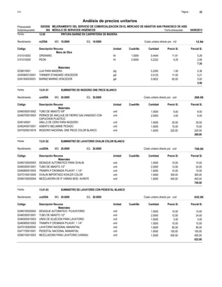 Página :
S10 23
0203050
Presupuesto MEJORAMIENTO DEL SERVICIO DE COMERCIALIZACION EN EL MERCADO DE ABASTOS SAN FRANCISCO DE ASIS
Análisis de precios unitarios
Fecha presupuesto 04/09/2013
002
Subpresupuesto MÓDULO DE SERVICIOS HIGIÉNICOS
Partida 12.06 PINTURA BARNIZ EN CARPINTERIA DE MADERA
m2/DIA 18.0000
Rendimiento Costo unitario directo por : m2 12.94
18.0000
EQ.
MO.
Unidad Cuadrilla Cantidad Precio S/.
Código Descripción Recurso Parcial S/.
Mano de Obra
hh
0101010003 1.0000 0.4444 5.29
11.91
OPERARIO
hh
0101010005 0.5000 0.2222 2.06
9.25
PEON
7.35
Materiales
plg
0238010001 0.2500 0.38
1.50
LIJA PARA MADERA
gal
02400800120001 0.0125 0.21
17.00
THINNER STANDARD VENCEDOR
gal
02401600030001 0.0833 5.00
60.00
BARNIZ MARINO VENCEDOR
5.59
Partida 13.01.01 SUMINISTRO DE INODORO ONE PIECE BLANCO
und/DIA 20.0000
Rendimiento Costo unitario directo por : und 269.00
20.0000
EQ.
MO.
Unidad Cuadrilla Cantidad Precio S/.
Código Descripción Recurso Parcial S/.
Materiales
und
02460300010002 1.0000 8.00
8.00
TUBO DE ABASTO 5/8"
und
02460700010003 2.0000 6.00
3.00
PERNOS DE ANCLAJE DE FIERRO GALVANIZADO CON
CAPUCHON PLASTICO
und
0246140001 1.0000 20.00
20.00
ANILLO DE CERA PARA INODORO
und
02462400010001 1.0000 15.00
15.00
ASIENTO MELAMINE PESADO
und
02470200010016 1.0000 220.00
220.00
INODORO NACIONAL ONE PIECE COLOR BLANCO
269.00
Partida 13.01.02 SUMINISTRO DE LAVATORIO OVALIN COLOR BLANCO
und/DIA 20.0000
Rendimiento Costo unitario directo por : und 749.00
20.0000
EQ.
MO.
Unidad Cuadrilla Cantidad Precio S/.
Código Descripción Recurso Parcial S/.
Materiales
und
02460100020003 1.0000 15.00
15.00
DESAGUE AUTOMATICO PARA OVALIN
und
02460300010001 2.0000 24.00
12.00
TUBO DE ABASTO 1/2"
und
02460800010003 1.0000 10.00
10.00
TRAMPA P CROMADA P/LAVAT. 1 1/4"
und
02470100010005 1.0000 300.00
300.00
OVALIN IMPORTADO KOHLER COLOR
und
02560100020004 1.0000 400.00
400.00
MEZCLADORA DE 8" VAINSA MOD. AVANTE
749.00
Partida 13.01.03 SUMINISTRO DE LAVATORIO CON PEDESTAL BLANCO
und/DIA 20.0000
Rendimiento Costo unitario directo por : und 632.00
20.0000
EQ.
MO.
Unidad Cuadrilla Cantidad Precio S/.
Código Descripción Recurso Parcial S/.
Materiales
und
02460100020002 1.0000 15.00
15.00
DESAGUE AUTOMATICO P/LAVATORIO
und
02460300010001 2.0000 24.00
12.00
TUBO DE ABASTO 1/2"
und
02460400010003 1.0000 3.00
3.00
UÑAS DE SUJECION PARA LAVATORIO
und
02460800010003 1.0000 10.00
10.00
TRAMPA P CROMADA P/LAVAT. 1 1/4"
und
02470100020002 1.0000 80.00
80.00
LAVATORIO NACIONAL MANANTIAL
und
02471700010001 1.0000 100.00
100.00
PEDESTAL NACIONAL MANANTIAL
und
02560100010003 1.0000 400.00
400.00
MEZCLADORA PARA LAVATORIO (VAINSA)
632.00
 