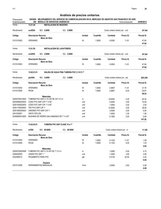 Página :
S10 24
0203050
Presupuesto MEJORAMIENTO DEL SERVICIO DE COMERCIALIZACION EN EL MERCADO DE ABASTOS SAN FRANCISCO DE ASIS
Análisis de precios unitarios
Fecha presupuesto 04/09/2013
002
Subpresupuesto MÓDULO DE SERVICIOS HIGIÉNICOS
Partida 13.01.04 INSTALACION DE INODORO
und/DIA 2.0000
Rendimiento Costo unitario directo por : und 47.64
2.0000
EQ.
MO.
Unidad Cuadrilla Cantidad Precio S/.
Código Descripción Recurso Parcial S/.
Mano de Obra
hh
0101010003 1.0000 4.0000 47.64
11.91
OPERARIO
47.64
Partida 13.01.05 INSTALACION DE LAVATORIOS
und/DIA 2.0000
Rendimiento Costo unitario directo por : und 47.64
2.0000
EQ.
MO.
Unidad Cuadrilla Cantidad Precio S/.
Código Descripción Recurso Parcial S/.
Mano de Obra
hh
0101010003 1.0000 4.0000 47.64
11.91
OPERARIO
47.64
Partida 13.02.01.01 SALIDA DE AGUA FRIA TUBERIA PVC C-10 O 1"
pto/DIA 3.0000
Rendimiento Costo unitario directo por : pto 203.69
3.0000
EQ.
MO.
Unidad Cuadrilla Cantidad Precio S/.
Código Descripción Recurso Parcial S/.
Mano de Obra
hh
0101010003 1.0000 2.6667 31.76
11.91
OPERARIO
hh
0101010005 1.0000 2.6667 24.67
9.25
PEON
56.43
Materiales
m
02050700010004 19.6000 82.32
4.20
TUBERIA PVC-SAP C-10 C/R DE 3/4" X 5 m
und
02050900020003 5.0000 15.00
3.00
CODO PVC-SAP C/R 1" X 90°
und
02051000020003 1.0000 2.50
2.50
CODO PVC SAP C/R 1" X 45°
und
02051100020003 12.0000 36.00
3.00
TEE PVC-SAP C/R 1"
und
02051800020003 3.0000 9.00
3.00
UNIONES PVC-SAP C/R 1"
und
0241030001 1.0000 1.50
1.50
CINTA TEFLON
und
02490800010003 0.1800 0.94
5.20
BUSHING DE FIERRO GALVANIZADO DE 1" X 3/4"
147.26
Partida 13.02.02.01 TUBERIA PVC SAP CLASE 10 ø 1"
m/DIA 60.0000
Rendimiento Costo unitario directo por : m 11.95
60.0000
EQ.
MO.
Unidad Cuadrilla Cantidad Precio S/.
Código Descripción Recurso Parcial S/.
Mano de Obra
hh
0101010003 1.0000 0.1333 1.59
11.91
OPERARIO
hh
0101010005 1.0000 0.1333 1.23
9.25
PEON
2.82
Materiales
m
02050700020006 1.0500 4.73
4.50
TUBERIA PVC SAP C-10 S/P DE 1" X 5 m
und
0206030005 1.3000 3.90
3.00
UNION PVC-SAP 1 "
gal
0222080012 0.0100 0.42
42.00
PEGAMENTO PARA PVC
9.05
Equipos
%mo
0301010006 3.0000 0.08
2.82
HERRAMIENTAS MANUALES
0.08
 