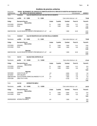 Página :
S10 30
0203050
Presupuesto MEJORAMIENTO DEL SERVICIO DE COMERCIALIZACION EN EL MERCADO DE ABASTOS SAN FRANCISCO DE ASIS
Análisis de precios unitarios
Fecha presupuesto 04/09/2013
002
Subpresupuesto MÓDULO DE SERVICIOS HIGIÉNICOS
Partida 13.04.04.06 CAJA DE REGISTRO DE 0.60 X 0.60 CON TAPA DE CONCRETO.
und/DIA 5.0000
Rendimiento Costo unitario directo por : und 75.86
5.0000
EQ.
MO.
Unidad Cuadrilla Cantidad Precio S/.
Código Descripción Recurso Parcial S/.
Mano de Obra
hh
0101010003 1.0000 1.6000 19.06
11.91
OPERARIO
hh
0101010005 1.0000 1.6000 14.80
9.25
PEON
33.86
Materiales
und
02682700010004 1.0000 42.00
42.00
CAJA DE REGISTRO CONCRETO PREFABRICADO 24" x 24"
42.00
Partida 13.04.04.07 CAJA DE REGISTRO DE 0.60 X 0.60 PARA REJILLA SUMIDERO
und/DIA 5.0000
Rendimiento Costo unitario directo por : und 75.86
5.0000
EQ.
MO.
Unidad Cuadrilla Cantidad Precio S/.
Código Descripción Recurso Parcial S/.
Mano de Obra
hh
0101010003 1.0000 1.6000 19.06
11.91
OPERARIO
hh
0101010005 1.0000 1.6000 14.80
9.25
PEON
33.86
Materiales
und
02682700010004 1.0000 42.00
42.00
CAJA DE REGISTRO CONCRETO PREFABRICADO 24" x 24"
42.00
Partida 14.01.01 SALIDAS PARA CENTRO DE LUZ
pto/DIA 10.0000
Rendimiento Costo unitario directo por : pto 27.83
10.0000
EQ.
MO.
Unidad Cuadrilla Cantidad Precio S/.
Código Descripción Recurso Parcial S/.
Mano de Obra
hh
0101010003 1.0000 0.8000 9.53
11.91
OPERARIO
hh
0101010005 1.0000 0.8000 7.40
9.25
PEON
16.93
Materiales
und
0205160002 2.0000 1.40
0.70
CURVA PVC-SEL 3/4"
rll
0241020001 0.0500 0.15
3.00
CINTA AISLANTE
und
02680100010004 1.0000 1.20
1.20
CAJA OCTOGONAL FIERRO GALVANIZADO 4" X 2 1/8"
m
0270010288 8.1500 8.15
1.00
CABLE TW # 14 AWG
10.90
Partida 14.01.02 INTERRUPTOR SIMPLE
und/DIA 10.0000
Rendimiento Costo unitario directo por : und 24.93
10.0000
EQ.
MO.
Unidad Cuadrilla Cantidad Precio S/.
Código Descripción Recurso Parcial S/.
Mano de Obra
hh
0101010003 1.0000 0.8000 9.53
11.91
OPERARIO
hh
0101010005 1.0000 0.8000 7.40
9.25
PEON
16.93
Materiales
pza
02620500020009 1.0000 8.00
8.00
INTERRUPTOR SIMPLE
8.00
 