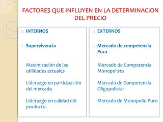 FACTORES QUE INFLUYEN EN LA DETERMINACION
DEL PRECIO
INTERNOS
Supervivencia
Maximización de las
utilidades actuales
Liderazgo en participación
del mercado
Liderazgo en calidad del
producto.
EXTERNOS
Mercado de competencia
Pura
Mercado de Competencia
Monopolista
Mercado de Competencia
Oligopolista:
Mercado de Monopolio Puro
 