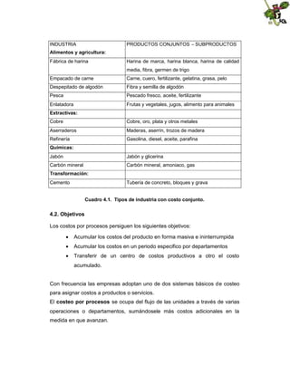 INDUSTRIA

PRODUCTOS CONJUNTOS – SUBPRODUCTOS

Alimentos y agricultura:
Fábrica de harina

Harina de marca, harina blanca, harina de calidad
media, fibra, germen de trigo

Empacado de carne

Carne, cuero, fertilizante, gelatina, grasa, pelo

Despepitado de algodón

Fibra y semilla de algodón

Pesca

Pescado fresco, aceite, fertilizante

Enlatadora

Frutas y vegetales, jugos, alimento para animales

Extractivas:
Cobre

Cobre, oro, plata y otros metales

Aserraderos

Maderas, aserrín, trozos de madera

Refinería

Gasolina, diesel, aceite, parafina

Químicas:
Jabón

Jabón y glicerina

Carbón mineral

Carbón mineral, amoniaco, gas

Transformación:
Cemento

Tubería de concreto, bloques y grava
Cuadro 4.1. Tipos de industria con costo conjunto.

4.2. Objetivos
Los costos por procesos persiguen los siguientes objetivos:
 Acumular los costos del producto en forma masiva e ininterrumpida
 Acumular los costos en un periodo especifico por departamentos
 Transferir de un centro de costos productivos a otro el costo
acumulado.

Con frecuencia las empresas adoptan uno de dos sistemas básicos de costeo
para asignar costos a productos o servicios.
El costeo por procesos se ocupa del flujo de las unidades a través de varias
operaciones o departamentos, sumándosele más costos adicionales en la
medida en que avanzan.

 