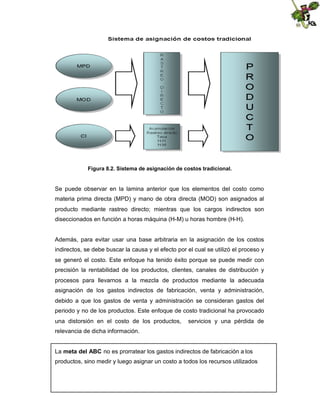 Figura 8.2. Sistema de asignación de costos tradicional.

Se puede observar en la lamina anterior que los elementos del costo como
materia prima directa (MPD) y mano de obra directa (MOD) son asignados al
producto mediante rastreo directo; mientras que los cargos indirectos son
diseccionados en función a horas máquina (H-M) u horas hombre (H-H).

Además, para evitar usar una base arbitraria en la asignación de los costos
indirectos, se debe buscar la causa y el efecto por el cual se utilizó el proceso y
se generó el costo. Este enfoque ha tenido éxito porque se puede medir con
precisión la rentabilidad de los productos, clientes, canales de distribución y
procesos para llevarnos a la mezcla de productos mediante la adecuada
asignación de los gastos indirectos de fabricación, venta y administración,
debido a que los gastos de venta y administración se consideran gastos del
periodo y no de los productos. Este enfoque de costo tradicional ha provocado
una distorsión en el costo de los productos,

servicios y una pérdida de

relevancia de dicha información.
La meta del ABC no es prorratear los gastos indirectos de fabricación a los
productos, sino medir y luego asignar un costo a todos los recursos utilizados

 