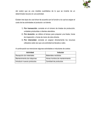 del costo) que es una medida cuantitativa de lo que se invierte de un
determinado recurso en una actividad.
Existen tres tipos de cost driver de acuerdo con la función a la cual se asigne el
costo de las actividades al producto o al cliente.
1) Por transacción, consiste en el número de tiradas de producción,
unidades producidas o clientes atendidos.
2) Por duración, se refiere al tiempo para preparar una tirada, horas
de inspección u horas de mano de obra directa.
3) Por intensidad, consiste en asignar directamente los recursos
utilizados cada vez que una actividad es llevada a cabo.
A continuación se mencionan algunas actividades e inductores de costos:
Actividad

Inductor

Recepción de materiales

Materiales recibidos

Mantenimiento de máquinas

Horas hombre de mantenimiento

Introducir nuevos productos

Cantidad de productos

 