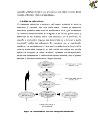 Los costos unitarios del ciclo de vida proporcionan una medida resumida de los
impactos ambientales relativos a los productos.
4. Análisis de mejoramiento
Es importante determinar el escenario del impacto ambiental en términos
financieros y operativos para esta última etapa. Consiste en determinar
alternativas que reduzcan los impactos ambientales a fin de lograr implementar
un sistema de control ambiental. En la figura 8.6. se observa que la calidad y
distribución de las materias primas está controlada por el proveedor; no
obstante, la producción y empaque está determinada por la forma en la que la
organización realiza sus actividades. Es importante que la organización
establezca buenas relaciones con los proveedores y clientes a fin de reducir los
impactos ambientales procurando en toda medida una cultura que permita
reciclar los productos. La cultura del cliente, proveedor y de la organización
deben estar orientadas en la reducción del impacto ambiental; esto es posible
mediante la constante comunicación y mejora continua.
MATERIAS
PRIMAS

CONTROLADOS POR EL
PROVEEDOR

PRODUCCION
CONTROLADOS POR EL
FABRICANTE

EMPAQUE

RECILCADO

USO Y
MANTENIMIENTO
DEL PRODUCTO

ELIMINACION

CONTROLADOS POR EL
CONSUMIDOR

Figura 8.6 Alternativas que reduzcan los impactos ambientales

 