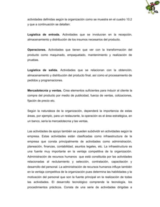 actividades definidas según la organización como se muestra en el cuadro 10.2
y que a continuación se detallan:
Logística de entrada. Actividades que se involucran en la recepción,
almacenamiento y distribución de los insumos necesarios del producto.
Operaciones. Actividades que tienen que ver con la transformación del
producto como maquinado, empaquetado, mantenimiento y realización de
pruebas.
Logística de salida. Actividades que se relacionan con la obtención,
almacenamiento y distribución del producto final, así como el procesamiento de
pedidos y programaciones.
Mercadotecnia y ventas. Crea elementos suficientes para inducir al cliente la
compra del producto por medio de publicidad, fuerza de ventas, cotizaciones,
fijación de precio etc.

Según la naturaleza de la organización, dependerá la importancia de estas
áreas, por ejemplo, para un restaurante, la operación es el área estratégica, en
un banco, sería la mercadotecnia y las ventas.

Las actividades de apoyo también se pueden subdividir en actividades según la
empresa. Estas actividades están clasificadas como infraestructura de la
empresa que consta principalmente de actividades como administración,
planeación, finanzas, contabilidad, asuntos legales, etc. La infraestructura es
una fuente muy importante en la ventaja competitiva de la organización.
Administración de recursos humanos que está constituida por las actividades
relacionadas al reclutamiento y selección, contratación, capacitación y
desarrollo del personal. La administración de recursos humanos influye también
en la ventaja competitiva de la organización pues determina las habilidades y la
motivación del personal que son la fuente principal en la realización de todas
las actividades. El desarrollo tecnológico comprende la tecnología, los
procedimientos prácticos. Consta de una serie de actividades dirigidas a

 