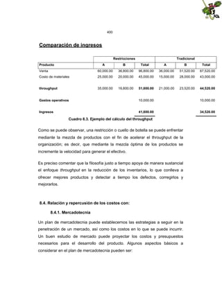 400

Comparación de ingresos
Restricciones
Producto

A

B

Tradicional
Total

A

B

Total

Venta

60,000.00

36,800.00

96,800.00

36,000.00

51,520.00

87,520.00

Costo de materiales

25,000.00

20,000.00

45,000.00

15,000.00

28,000.00

43,000.00

throughput

35,000.00

16,800.00

51,800.00

21,000.00

23,520.00

44,520.00

Gastos operativos

10,000.00

10,000.00

Ingresos

41,800.00

34,520.00

Cuadro 8.3. Ejemplo del cálculo del throughput

Como se puede observar, una restricción o cuello de botella se puede enfrentar
mediante la mezcla de productos con el fin de acelerar el throughput de la
organización; es decir, que mediante la mezcla óptima de los productos se
incremente la velocidad para generar el efectivo.
Es preciso comentar que la filosofía justo a tiempo apoya de manera sustancial
el enfoque throughput en la reducción de los inventarios, lo que conlleva a
ofrecer mejores productos y detectar a tiempo los defectos, corregirlos y
mejorarlos.

8.4. Relación y repercusión de los costos con:
8.4.1. Mercadotecnia
Un plan de mercadotecnia puede establecernos las estrategias a seguir en la
penetración de un mercado, así como los costos en lo que se puede incurrir.
Un buen estudio de mercado puede proyectar los costos y presupuestos
necesarios para el desarrollo del producto. Algunos aspectos básicos a
considerar en el plan de mercadotecnia pueden ser:

 