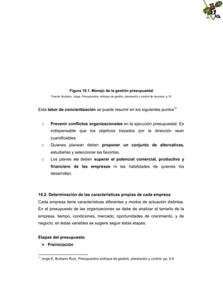 Figura 10.1. Manejo de la gestión presupuestal
Fuente: Burbano, Jorge, Presupuestos, enfoque de gestión, planeación y control de recursos, p.15

Esta labor de concientización se puede resumir en los siguientes puntos17

o

Prevenir conflictos organizacionales en la ejecución presupuestal. Es
indispensable que los objetivos trazados por la dirección sean
cuantificables.

o

Quienes planean deben proponer un conjunto de alternativas,
estudiarlas y seleccionar las favoritas.

o

Los planes no deben superar el potencial comercial, productivo y
financiero de las empresas ni las habilidades de quienes los
desarrollan.

10.2. Determinación de las características propias de cada empresa
Cada empresa tiene características diferentes y modos de actuación distintas.
En el presupuesto de las organizaciones se debe de analizar el tamaño de la
empresa, tiempo, condiciones, mercado, oportunidades de crecimiento, y de
negocio; en éstas variables se sugiere seguir éstas etapas:
Etapas del presupuesto
 Preiniciación
17

Jorge E. Burbano Ruiz, Presupuestos enfoque de gestión, planeación y control, pp. 3-4

 