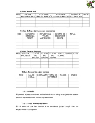 Cédula de IVA neto
MES

PAGO A
COSTO DE
COSTO DE
COSTO DE
TOTAL
PROVEEDORES TRANSFORMACIÓN ADMINISTRACION DISTRIBUCION

Cédula de Pago de impuestos y derechos
MES

IMPUESTO
SOBRE LA
RENTA

IMPUESTO AL
VALOR
AGREGADO

CUOTAS DE
SEGURIDAD
SOCIAL

TOTAL

Cédula General de pagos
MES PAGO A
COSTO COSTO COSTO IMP. Y OTROS TOTAL
PROVEED.
DE
DE
DE
DCHOS.
TRANSF. ADMON DISTRIB.

Cédula General de caja y bancos
MES

SALDO
INICIAL

COBRANZA TOTAL DE
EFECTIVO

PAGOS

SALDO

12.3.2. Periodo
El periodo a presupuestar es normalmente de un año y se sugiere que sea en
razón a las necesidades fiscales de la empresa.
12.3.3. Saldo mínimo requerido
Es el saldo el cual les permite a las empresas poder cumplir con sus
expectativas a corto plazo.

 