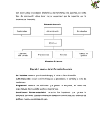 ser expresados en unidades diferentes a la monetaria; esto significa, que este
tipo de información debe tener mayor capacidad que la requerida por la
información financiera.
Usuarios Internos

Accionistas

Administración

Empleados

Empresa

Gobierno,
Inst. crédito

Proveedores

Clientes

Público en
general

Usuarios Externos

Figura 2.1. Usuarios de la información financiera

Accionistas: conocer y evaluar el riesgo y el retorno de su inversión.
Administración: contar con informes para la planeación, el control y la toma de
decisiones.
Empleados: conocer las utilidades que genera la empresa, así como las
expectativas de desarrollo que tiene la empresa.
Autoridades Gubernamentales: recaudar los impuestos que genera la
empresa, así como obtener información estadística necesaria para orientar las
políticas macroeconómicas del país.

 