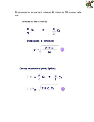 El lote económico se alcanzaría realizando 20 pedidos de 200 unidades cada
uno.
Fórmulas del lote económico

R

q

q

=

C1

C2

2

Despejando q tenemos:

q*

2 R C1
C2

=

1

Costos totales en el punto óptimo:

T =
T * =

R C1

q

+

2 R C1 C2

q
2

C2

2

 