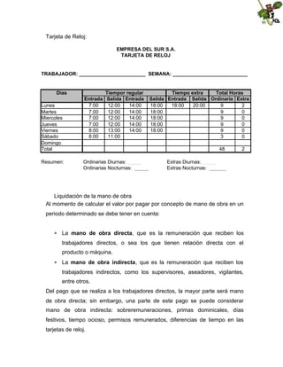 Tarjeta de Reloj:
EMPRESA DEL SUR S.A.
TARJETA DE RELOJ

TRABAJADOR: ________________________ SEMANA: ___________________________

Días
Lunes
Martes
Miercoles
Jueves
Viernes
Sábado
Domingo
Total
Resumen:

Tiempor regular
Entrada Salida Entrada
7:00
12:00
14:00
7:00
12:00
14:00
7:00
12:00
14:00
7:00
12:00
14:00
8:00
13:00
14:00
8:00
11:00

Tiempo extra
Total Horas
Salida Entrada Salida Ordinaria Extra
18:00
18:00
20:00
9
2
18:00
9
0
18:00
9
0
18:00
9
0
18:00
9
0
3
0
48

Ordinarias Diurnas: _____
Ordinarias Nocturnas: _____

2

Extras Diurnas: _____
Extras Nocturnas: ______

Liquidación de la mano de obra
Al momento de calcular el valor por pagar por concepto de mano de obra en un
periodo determinado se debe tener en cuenta:
 La mano de obra directa, que es la remuneración que reciben los
trabajadores directos, o sea los que tienen relación directa con el
producto o máquina.
 La mano de obra indirecta, que es la remuneración que reciben los
trabajadores indirectos, como los supervisores, aseadores, vigilantes,
entre otros.
Del pago que se realiza a los trabajadores directos, la mayor parte será mano
de obra directa; sin embargo, una parte de este pago se puede considerar
mano de obra indirecta: sobreremuneraciones, primas dominicales, días
festivos, tiempo ocioso, permisos remunerados, diferencias de tiempo en las
tarjetas de reloj.

 