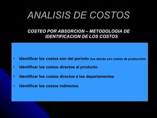 ANALISIS DE COSTOS <ul><li>COSTEO POR ABSORCION – METODOLOGIA DE IDENTIFICACION DE LOS COSTOS </li></ul><ul><li>Identifica...