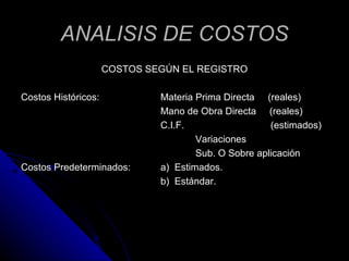 ANALISIS DE COSTOS <ul><li>COSTOS SEGÚN EL REGISTRO </li></ul><ul><li>Costos Históricos:  Materia Prima Directa  (reales) ...