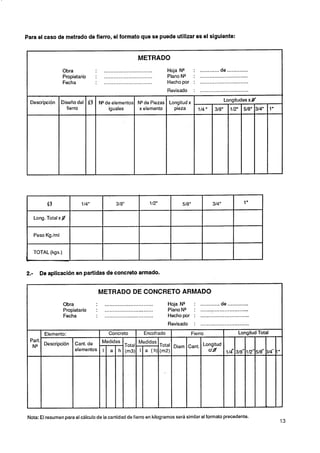 Para el caso de metrado de fierro, el formato que se puede utilizar es el siguiente:


                                                              METRADO
                     Obra           ...............................          Hoja NQ :        ............de .............
                     Propietario    : ..............................         Plano NQ :       ..............................
                     Fecha               ..............................      Hecho por :      ..............................

    Descripción     Diseño del
                      fierro




            a                114"               318"                 112"         518"               314"                1"


      Long. Total x JZ


      Peso Kg./ml


      TOTAL (kgs.)
A


2.-     De aplicacidn en partidas de concreto armado.




                     Obra           ...............................          Hoja NQ :        ............de .............
                     Propietario    :    ..............................      Plano NQ :       ..............................
                     Fecha          ...............................          Hecho por :      ..............................
                                                                             Revisado     :   ..............................
          Elemento:                         Concreto             Encofrado               Fierro                       LongitudTotal
    Part.
          Descripción     Cant. de .Medidas Total Medidas Total
     NP                                                         ~i~~ Cant. Longitud
                          elementos I a h (m3) I a ( h) (m2)                                                                       314'' 1
                                                                                    114' 3',                               1E" '
                                                                                                                               ,
                                                                                                                               5




                                                                                                                                   e




Nota: El resumen para el cálculo de la cantidad de fierro en kilogramos será similar al formato precedente.
                                                                                                                                             13
 