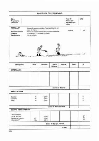 ANALlSlS DE COSTO UNITARIO


    Obra                                                                           Hoja N*        : 010
    Propietario      :                                                             Hecho por
    Ubicación        :                                                             Revisado por   :
                                                                                   Fecha

    PARTIDA N"       : Nivelación y apisonado para falso piso o piso, con
                       pisón de mano.                                                 Unidad          :     m2
    Especificaciones : Refine de capa final de 0,15 m. aproximadamente.
    Cuadrilla        : 0 lO capataz + 1 operario + 1 peón
                        ,
    Rendimiento      : 120,OO m2ldía.




         Descripcidn              Unid.       Cantidad         Precio       Parcial       Total           I.U.
                                                              Unitario

    MATERIALES




                                                               Costo de Material

    MANO DE OBRA


    Capataz                          hh           0,007                                                    47
    Operario                         hh           0,067                                                    47
    Peón                             hh           0,067                                                    47



                                                          Costo de Mano de Obra
    EQUIPO, HERRAMIENTAS


    - Herramientas
     3% M. de Obra                                0,030                                                     37
    -Reglas de madera                pa           0,030                                                     43
    -Clavos de 3"                                 0,OlO                                                     02
                                     Kg.

                                                      Costo de Equipo, Herram.

                                                                            TOTAL
i


1O6
 
