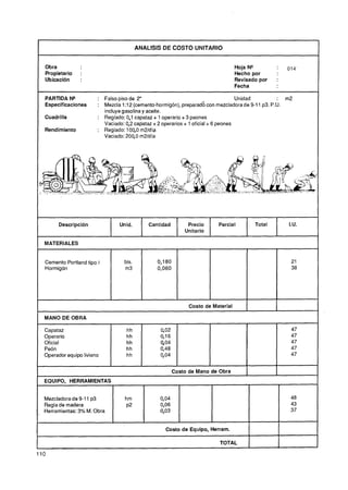 ANALISIS DE COSTO UNITARIO


Obra                                                                            Hoja No         :   014'
Propietario    :                                                                Hecho por
Ubicación      :                                                                Revisado por    :
                                                                                Fecha

PARTIDA N"            : Falso piso de 2"                                          Unidad      : m2
Especificaciones      : Mezcla 1:12 (cemento-hormigón),preparad6 con mezcladora de 9-11 p3. P.U.
                        incluye gasolina y aceite.
Cuadrilla             : Reglado: 0,l capataz + 1 operario + 3 peones
                        Vaciado: 0,2 capataz + 2 operarios + 1 oficial + 6 peones
Rendimiento           : Reglado: 10 , m2/día
                                    0O
                        Vaciado: 200,O m21día




      Descripción             Unid.        Cantidad        Precio      Parcial          Total       I.U.
                                                          Unitario

MATERIALES


Cemento Portland tipo I         bls.
Hormigón                        m3




 -      -     --
                                                            Costo de Material       1
MANO DE OBRA

Capataz                          hh            0,02
Operario                         hh            0,16
Oficial                          hh            404
Peón                             hh            0,48
Operador equipo liviano          hh            404


                                                      Costo de Mano de Obra         I           1
EQUIPO, HERRAMIENTAS


Mezcladora de 9-11 p3           hm             0,04                                                  48
Regla de madera                 ~2             0,06                                                  43
Herramientas: 3% M. Obra                       0,03                                                  37


                                                 Costo de Equipo, Herram.

                                                                        TOTAL
 