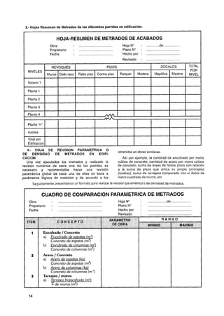 3.- Hojas Resumen de Metrados de las diferentes partidas en edificación.

I                                                                                                                                                      1
1                       HOJA-RESUMEN DE METRADOS DE ACABADOS                                                                                           1




   4.- HOJA DE REVISION PARAMETRICA O                                           obtenidos en obras
DE DENSIDAD DE METRADOS EN EDIFI-
CAClON                                                                             Así por ejemplo, la cantidad de encofrado por metro
   Una vez ejecutados los metrados y realizado la                               cúbico de concreto; cantidad de acero por metro cúbico
revisión numérica de cada una de las partidas es                                de concreto; suma de áreas de falsos pisos con relación
necesario y recomendable hacer una revisión                                     a la suma de pisos que utiliza su propio contrapiso
paramétrica global de cada una de ellas en base a                               (losetas); suma de tarrajeos comparado con el doble de
parametros l&jicoc de medición y de acuerdo a los                               metro cuadrado de muros. etc.
        Seguidamente presentamos un formato para realizar la revisión paramétrica o de densidad de metrados.


              CUADRO DE COMPARACION PARAMETRICA DE METRADOS
      Obra          ................................................            Hoja N o             ....................de.. ....................
      Propietario   :      ...............................................      Plano No      ................................................
      Fecha         ................................................            Hecho por            ...............................................
                                                                                Revisado             ...............................................
                                                                             PARAMETRO                            RANGO
                         CONCEPTO
                                                                              DE OBRA

               Encofrado / Concreto
               a) Encofrado de zanatas (m9
                    Concreto de zapatas (ms)
               b)   Encofrado de columnas (m2)
                    Concreto de columnas (m3)
               Acero / Concreto
               a) Acero de zavatas (ksl
                  Concreto de zapatas (m3)
               b) Acero de columnas ( k ~ l
                  Concreto de columnas (m 3,
               Tarrajeo / muros
               a) Tarraieo frotacahado (m2)
                    de muros (mP)
 