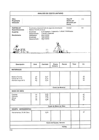 ANALlSlS DE COSTO UNITARIO


Obra                                                                             Hoja N"         :   018
Propietario   :                                                                  Hecho por
Ubicación     :                                                                  Revisado por    :
                                                                                 Fecha

PARTIDA N"           : Encofrado y desencofrado de vigas de cimentación         Unidad           :   m2
Especificaciones     : Madera Tornillo en bruto
Cuadrilla            : Encofrado      : 0,10capataz + 1 operario + 1 oficial : Habilitación
                       Desencofrado : 1 oficial + 2 peones
Rendimiento            Habilitación   : 50,Om2ldía
                       Encofrado      : 10,Om2Idía
                       Desencofrado : 35,O rn2ldía




     Descripción              Unid.        Cantidad          Precio       Parcial        Total       I.U.
                                                            Unitario

MATERIALES



Madera Tornillo                  ~2             5,47                                                  43
Clavos de 3 112"                 Kg             0,15                                                  02
Alambre negro N"                 Kg             0,30                                                  02



                                                            Costo de Material

MANO DE OBRA

Capataz                          hh             0,lO                                                  47
Operario                         hh             0,96                                                  47
Oficial                          hh             1,19                                                  47
Peón                             hh             0,46                                                  47


                                                       Costo de Mano de Obra
EQUIPO, HERRAMIENTAS

Herramientas: 3% M. Obra                        0,03                                                  37




                                                  Costo de Equipo, Herram.

                                                                         TOTAL
 