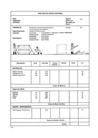 ANALISIS DE COSTO UNITARIO


    Obra                                                                                  Hoja N"                 :       022
    Propietario        :                                                                  Hecho por
    Ubicación          :                                                                  Revisado por            :
                                                                                          Fecha
                                     -        -                                              p       p    -   p   p       -




    PARTIDA N"             : Encofradoy desencofrado de cisterna                          Unidad                  :       m2
                             (1 cara interior y una exterior)
    Especificaciones       : Madera Tornillo en bruto
    Cuadrilla              : Encofrado         : 0,10 capataz + 1 operario + 1 oficial : Habilitación
                             Desencofrado : 1 oficial + 2 peones
                             Habilitación : 40,O m2ldia
    Rendimiento            : Encofrado         : 12,O m2ldía
                             Desencofrado : 24,O m2ldía




          Descripción                Unid.        Cantidad           Precio        Parcial               Total             I.U.
                                                                    Unitario

    MATERIALES

    Madera Tornillo
    Clavos de 3 112"
    Alambre negro N "




      -   -    -   -
                                                                     Costo de Material           1
1   MANO DE OBRA

    Cápataz                              hh            O,OQ                                                                   47
    Operario                             hh            0,87     -                                                             47
    Oficial                              hh            120                                                                    47
    Peón                                 hh            0,67                                                                   47



                                                              Costo de Mano de Obra              1                1
    EQUIPO. HERRAMIENTAS

    Herramientas: 3% M. Obra                           0,03                                                                   37




                                                          Costo de Equipo, Herram.                   I                I
                                                                                   TOTAL
 