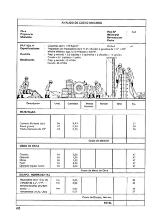 ANALlSlS DE COSTO UNITARIO


                                                                                           :   044




                        Curado = 0,l capataz + 1 peón
                      : Prep. y vaciado: 10 m3/día.
                        Curado: 20 m3/día




Cemento Portland tipo I
Arena gruesa
Piedra chancada de 112"



                                                             Costo de Material
                                                                                       1
MANO DE OBRA


Capataz                         hh            0,20                                             47
Operario                        hh            1,60                                             47
Oficial                         hh            1,60                                             47
Peón                            hh            8,40                                             47
Operador equipo liviano         hh            2,40                                             47
                                                     Costo de Mano de Obra         1   1
EQUIPO, HERRAMIENTAS

Mezcladora de 9-11 p3 (1)       hm           0,80                                              48
Vibrador de 2.0",4HP (1)        hm           0,80                                              49
Winche eléctrico de 2 tam-
bores (1)                       hm           0,80                                              48
Herramienta: 3% M. Obra                      0,03                                              37

                                                        Costo de Equipo, Herram.

                                                                         TOTAL

1
m
 