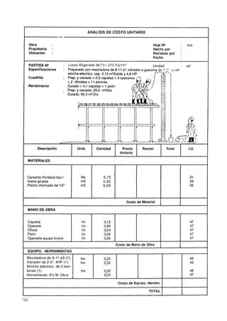 ANALlSlS DE COSTO UNITARIO
                        -
     Obra                                                                            Hoja N9             :        054
     Propietario   :                                                                 Hecho por
     Ubicación     :                                                                 Revisado por        :
                                                                                     Fecha

     PARTIDA N"             : tosas Aligerada de f'c= 210 Kg/cm2                     Unidad              :        m3
     Especificaciones       :

     Cuadlilla
                                + 2 oficiales + 11 peones.
     Rendimiento                Curado = 0,l capataz + 1 peón
                            .   Prep. y vaciado: 25,O m3/dia.
                                Curado: 50,O m3/día




                        - -
                         -                        -   -                                                      -   --

          Descripción                Unid.       Cantidad           Precio     Parcial           Total                I.U.
                                                                   Unitario

    MATERIALES



    Cemento Portland tipo I
    Arena gruesa
    Piedra chancada de 112"



                                                                      Costo de Material
                                                                                                         I
1   MANO DE OBRA


    Capataz                             hh                0,12
    Operario                            hh                0,96
    Oficial                             hh                0,64
    Peón                                hh                3,68
    Operador equipo liviano             hh                0,96
                                                                 Costo de Mano de Obra
1   EQUIPO. HERRAMIENTAS
    Mezcladora de 9-11 p3 (1)
    Vibrador de 2.0", 4HP (1)
    Winche eléctrico de 2 tam-
    bores (1)
    Herramienta: 3% M. Obra

                                                                  Costo de Equipo, Herram.   1
                                                                                   TOTAL     1           I
 