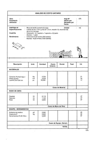 -         --         --        -




                                       ANALlSlS DE COSTO UNITARIO


Obra                                                                             Hoja N9            :   075
Propietario    :                                                                 Hecho por
Ubicación      :                                                                 Revisado por       :
                                                                                 Fecha

PARTIDA N"            : Muro de ladrillo corriente de soga                         Unidad           :   m2
Especificaciones      : Ladrillo de 24 x 12x 6, junta de 1,5 cm, mezcla 1:5, muro de más
                        de 4.0 ml. de largo.
Cuadrilla             : Colocación : 0,1 capataz + 1 operario + 0,5 peón
                        Acarreo : 1 peón
Rendimiento           : Colocación:6.92 m2Jdía (360 IadJdía)
                        Acarreo: 19,23m2/día (1000 ladldia)




     kscripción                Unid.        Cantidad        Precio        Parcial           Total        I.U.
                                                           Unitario

MATERIALES



Cemento Portland tipo I
Arena gruesa
               cm.
Ladrillo 24x12~6



                                                                 Costo de Material

MANO DE OBRA


Capataz                           hh           0,116                                                      47
Operario                          hh           1,156                                                      47
Peón                              hh           0,994                                                      47



                                                        Costo de Mano de Obra
EQUIPO. HERRAMIENTAS

Andamio de madera                 ~2           0,580                                                     43
Clavos de 3"                      kg           0,022                                                     02
Herramientas 3% M. Obra                        0,030                                                     37



                                                          Costo de Equipo, Herram.

                                                                              TOTAL
 