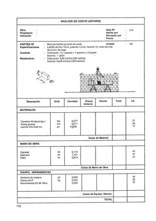 f                                            ANALISIS DE COSTO UNITARIO


    Obra                                                                              Hoja N"          :   076
    Propietario   :                                                                   Hecho por
    Ubicación     :                                                                   Revisado por     :
                                                                                      Fecha

    PARTIDA N"           : Muro de ladrillo corriente de canto                        Unidad           :   m2
    Especificaciones     : Ladrillo de 24 x 12x 6, junta de 1,5 cm, mezcla 1:5, muro de más
                              de 4.0 ml. de largo.
    Cuadrilla            : Colocación : 0,l capataz + 1 operario + 0,5 peón
                              Acarreo : 1 peón
    Rendimiento          : Colocación: 6,89 m2ldía (200 ladldía)
                              Acarreo: 34,48 m2ldia (1000 ladldía)




         Descripción                 Unid.           Cantidad       Precio      Parcial        Total        I.U.
                                                                   Unitario

    MATERIALES



    Cemento Portland tipo I            bls               0,077
    Arena gruesa                       m3                0,011
    Ladrillo 24x12~6
                   cm.                 P*.             3 1,000



                                                                       Costo de Material

    MANO DE OBRA


    Capataz                             hh              0,116                                                47
    Operario                            hh              1,161                                                47
    Peón                                hh              0,813                                                47



                                                                 Costo de Mano de Obra
    EQUIPO, HERRAMIENTAS

    Andamio de madera                   ~2              0,580                                                43
    Clavos de 3"                        kg              0,022                                                02
    Herramientas 3% M. Obra                             0,030                                                37



                                                                  Costo de Equipo, Herram.

                                                                                    TOTAL
 