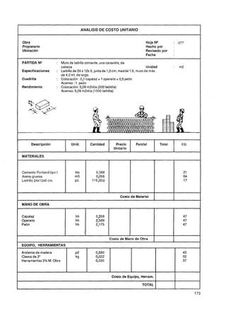 ANALlSlS DE COSTO UNITARIO


Obra                                                                             Hoja No              : 077
Propietario                                                                      Hecho por
Ubicación                                                                        Revisado por         :
                                                                                 Fecha

PARTIDA N*            : Muro de ladrillo corriente, una caravista, de
                        cabeza                                                     Unidad             :       m2
Especificaciones      : Ladrillo de 24 x 12x 6, junta de 1,O cm, mezcla 1:5, muro de más
                          de 4,O ml. de largo.
Cuadrilla             : Colocación : 0,l capataz + 1 operario + 0,5 peón
                        Acarreo : 1 peón
Rendimiento           : Colocación: 3,09 m2/día (200 Iadldía)
                        Acarreo: 9,09 m2ídía (1000 ladldía)




      Descripclbn                Unid.           Cantidad      Precio      Parcial            Total            l.U.
                                                              Unitario

MATERIALES
                                                                                      T




Cemento Portland tipo 1            bls              0,388                                                       21
Arena gruesa                       m3               0,055                                                       04
Ladrillo 24x12x6 cm.               Pz.            116,000                                                       17



                                                                  Costo de Material
                                                                                                      I
MANO DE OBRA


Capataz                             hh              0,259                                                      47
Operario                            hh              2,589                                                      47
Peón                                hh              2,175                                                      47



                                                            Costo de Mano de Obra
EQUIPO, HERRAMIENTAS

Andamio de madera                   ~2              0,580                                                      43
Clavos de 3"                        kg              0,022                                                      02
Herramientas3% M. Obra                              0,030                                                      37



                                                             Costo de Equlpo, Herram.     1               I
                                                                               TOTAL      1               1
 