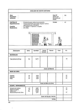 ANALlSlS DE COSTO UNITARIO


Obra                                                                               Hoja Ne              090
Propietario     :                                                                  Hecho por
Ubicacldn       :                                                                  Revisado por     :
                                                                                   Fecha

PARTiDA NQ              : Enlucido de yeso: sobre muros de ladrillo                Unidad           :   m2
Especifkaciones         : incluye preparaciónde la pasta. Espesor 1,00 cm.
                          aglomerante yeso: 690 kglm3
Cuadrilla   .           : O,? capataz + 1 operario + 0.5 peón
Rendimiento             : 20 mlldia




      Descripcidn                Unid.        Cantidad        Precio         Parcial        Total        I.U.
                                                             Unitario

MATERIALES


Yeso (bolsa de 28 kg)               bls




                                                                 Costo de Material     1
                                                                                       I
                                                                                                    1
                                                                                                    I


MANO DE OBRA


Capataz                             hh             Or04                                                   47
Operario                            hh             0,40                                                   47
Peón                                hh             0,20                                                   47



                                                          Costo de Mano de Obra
EQUIPO, HERRAMIENTAS

Andamio de madera                   P2             0,29                                                   43
Regla de madera                     ~2            0,018                                                   43
Clavos de 3"                       Kg.            0,022
Herramientas3% M. Obra                             0,OS                                                   37


                                                            Costo de Equipo, Herram.

                                                                                 TOTAL
 
